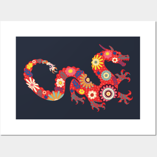 Red dragon with flowers Posters and Art